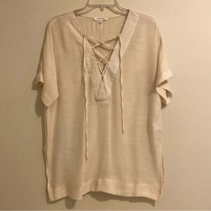 Women’s Caramela Sheer Tie Front Blouse Top Tan Size M Slit Sides